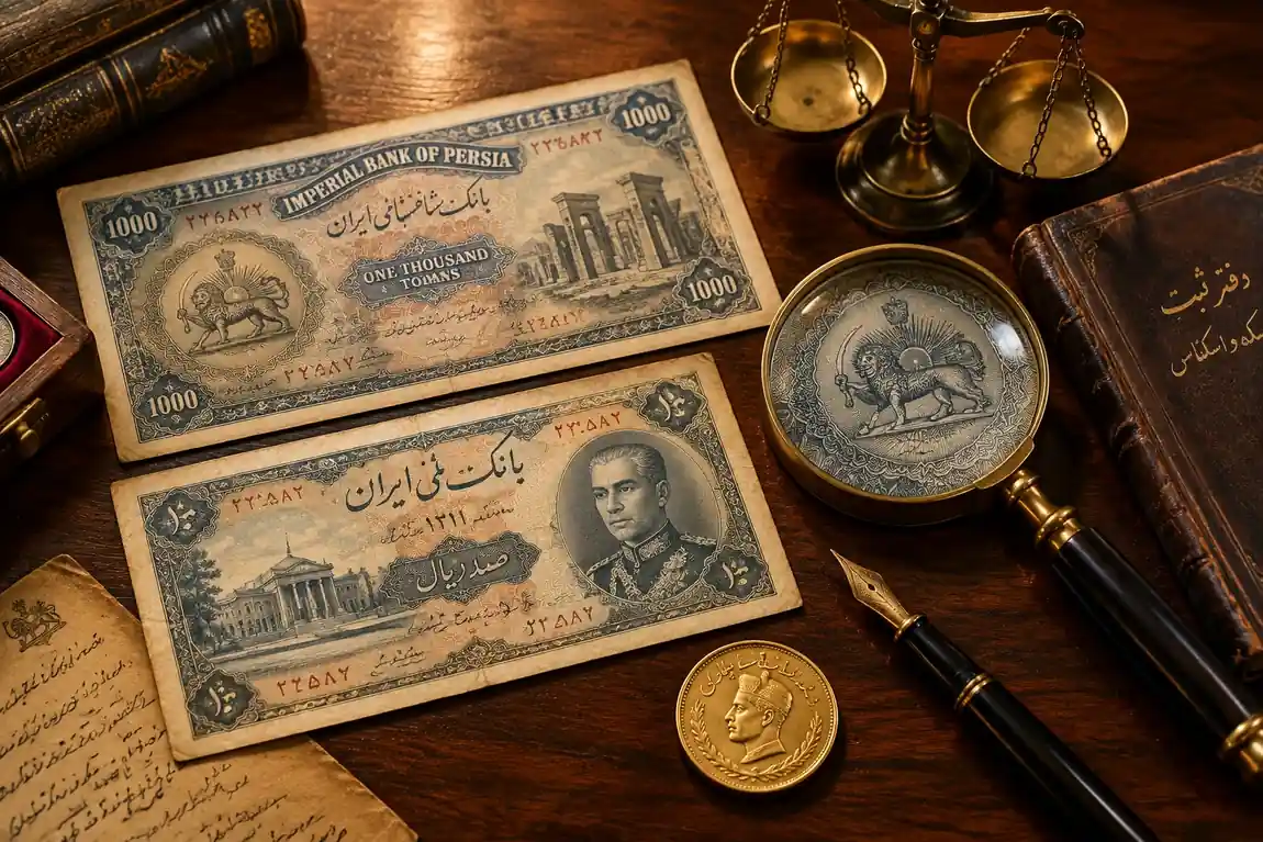 اسکناس دوره بانک شاهنشاهی ایران (Imperial Bank of Persia) با نقوش گیلوش و نشان شیر و خورشید.